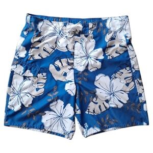 Joe Boxer Mens Swim Trunks Blue White Tropical Hibiscus Floral Board‎ Shorts L